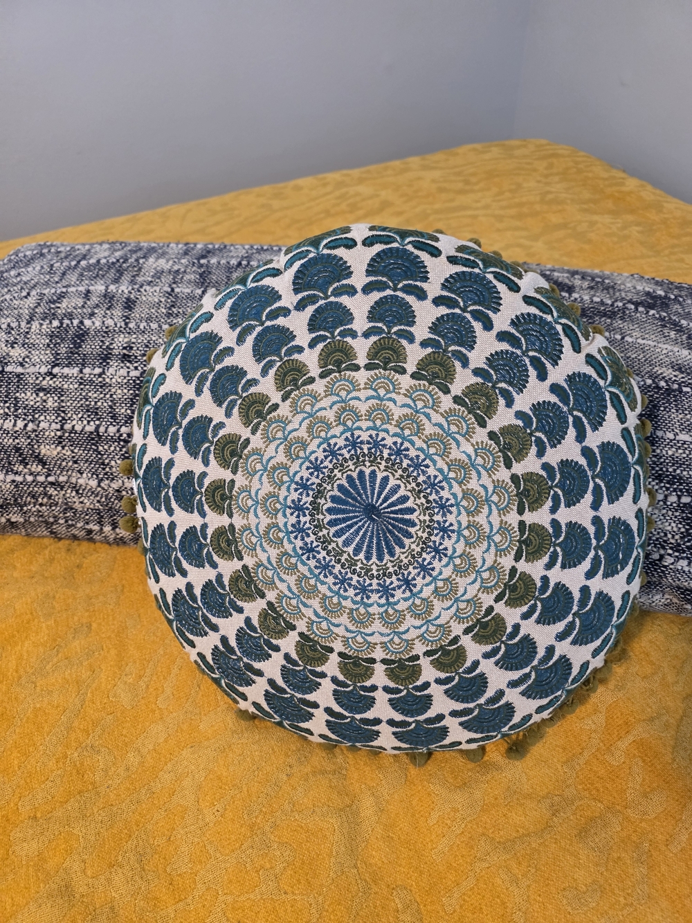Round Mandala Embroidered Decorative Pillow in Teal & Olive